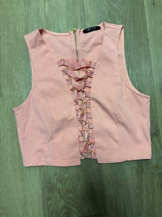 bitchai Tops - Lucee Pink‎ Lace-Up Cropped Top